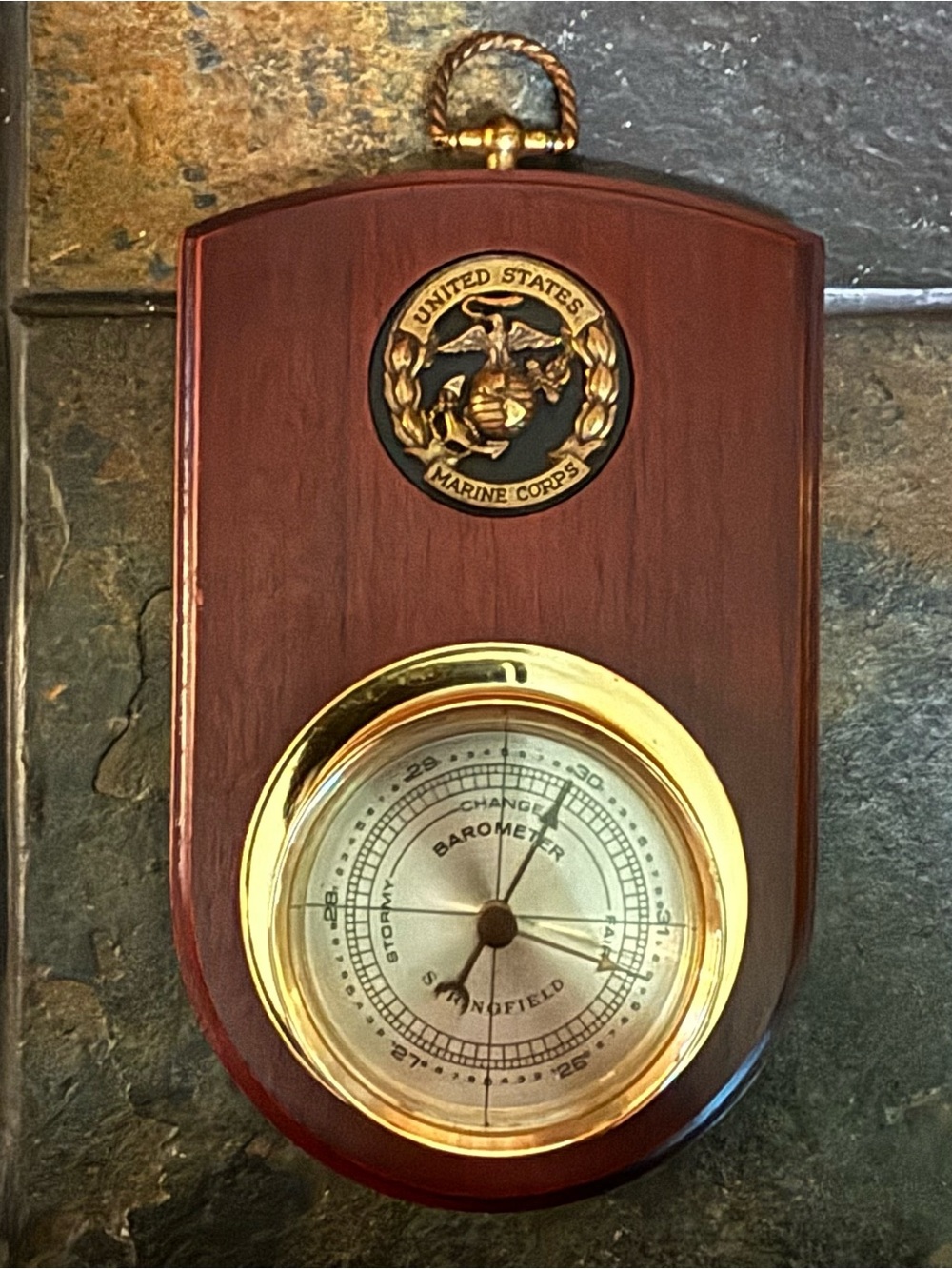 Vintage Springfield USMC Solid Walnut Wall Hanging Brass Barometer